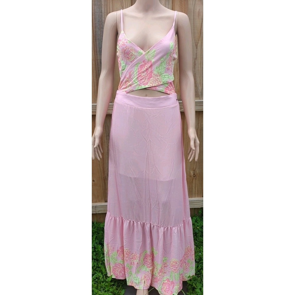 MAAJI WOMEN'S MAXI DRESS BEACH WEAR PINK WHITE GREENISH FLORAL M NWT